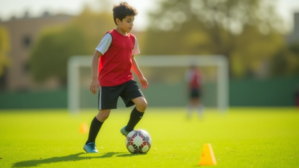 لاعب كرة قدم شاب يمارس تمرين الدوران حول المخاريط على ملعب كرة قدم بإضاءة طبيعية